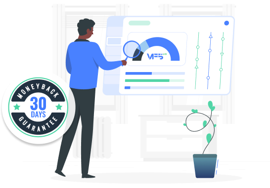 IT expert analyzing VPS hosting performance metrics on a dashboard with vps.us logo , highlighting our team's extensive experience and our commitment to quality service with a 30-day money-back guarantee