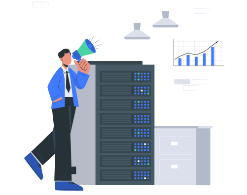 main illustration of the vps affiliation program with a man holding a megaphone with a server rack in the back