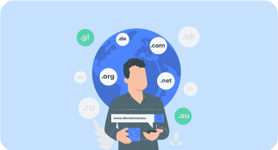 Chart showcasing the most popular Top-Level Domains (TLDs) with a person holding a cup highlighting our commitment to provide a great customer experience with reliable technology for domain registration services