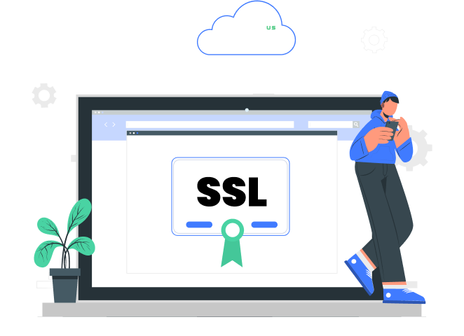 main illustration of a SSL certificate with vps.us logo in the cloud featuring a safe and secured web browser with a man holding a phone