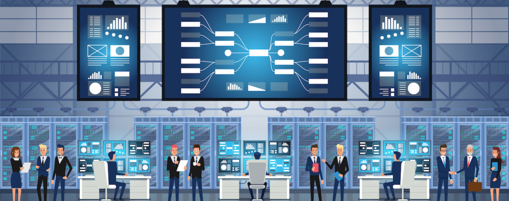 datacenter and office with workers and a screen with a mind map to illustrate the complexity to compare