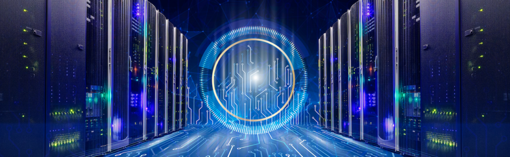 Concept of a core being at the center of a datacenter alley illustrating what server hardware and specifications lead to.