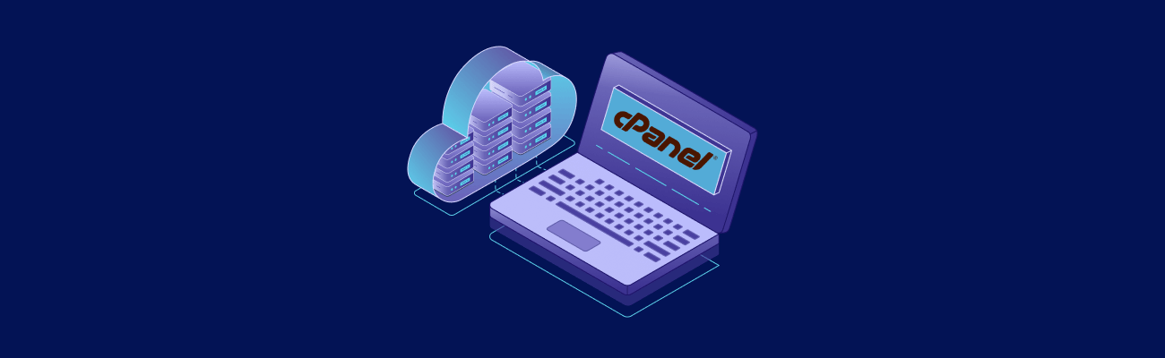 A laptop displaying "cPanel" next to cloud servers, suggesting web hosting or cloud computing services.