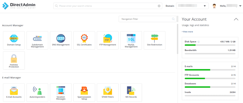 Directmin Panel Hosting Management Interface screenshot