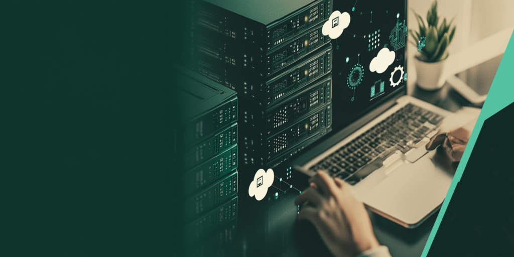 A modern setup of a cloud hosting environment featuring multiple server racks connected to a laptop, with icons representing cloud computing and networking in a visually engaging illustration.