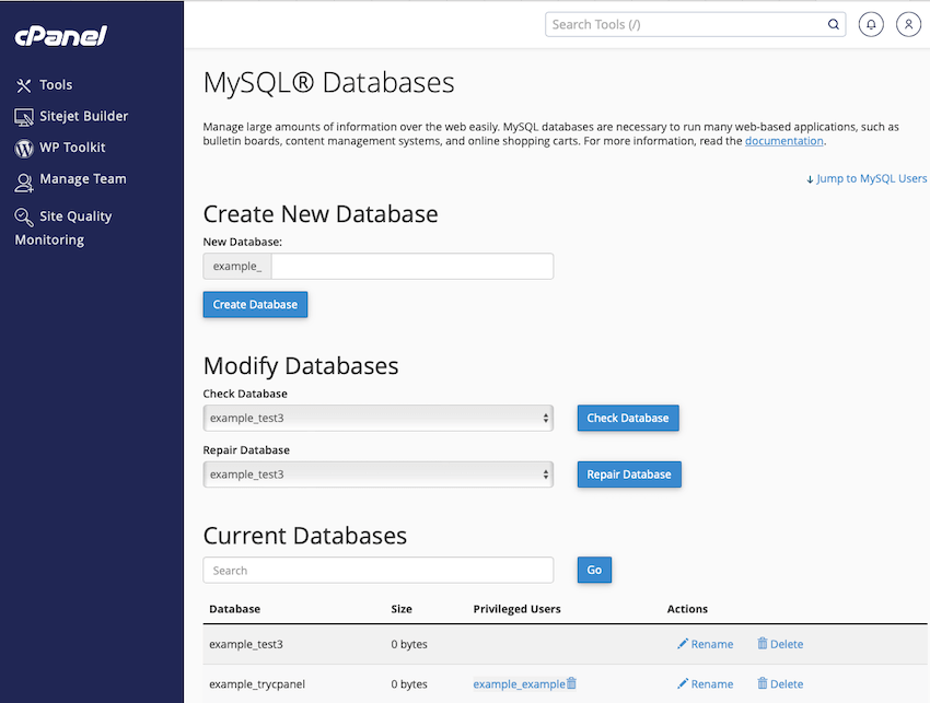 The MySQL database manager in cPanel showcases an intuitive interface for creating, repairing, and managing databases on your VPS hosting environment, ensuring seamless database operations for web applications