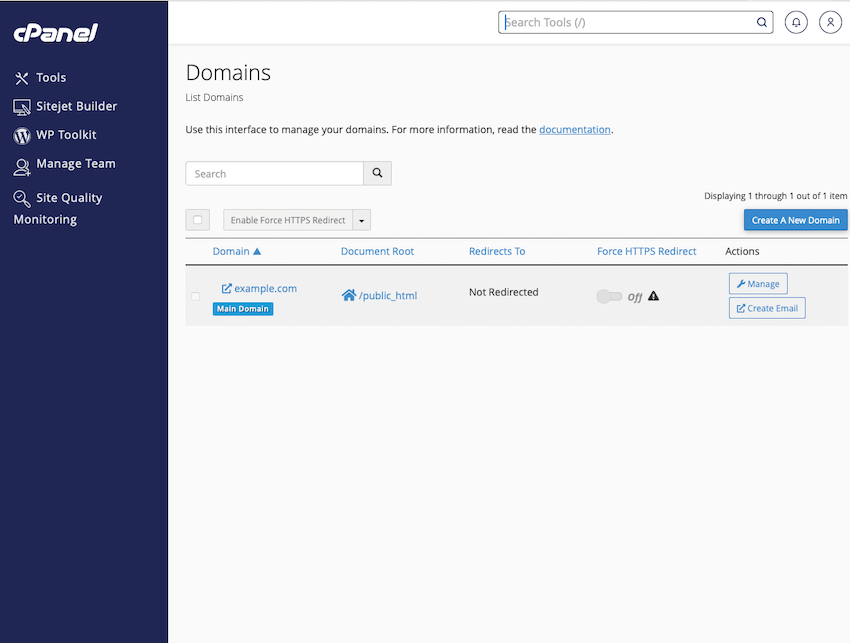 The cPanel domain manager interface displays tools for managing domains on your VPS hosting account, allowing users to configure document roots, redirects, and HTTPS settings efficiently.