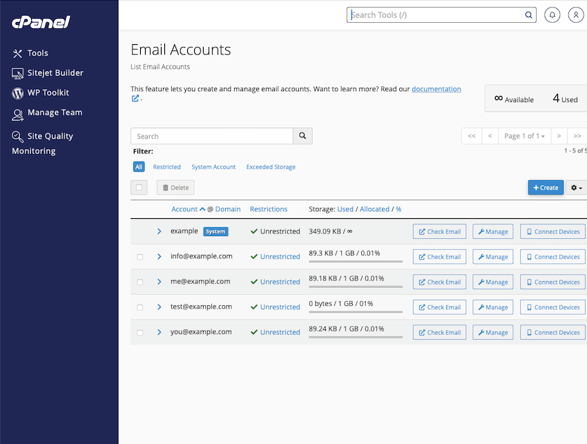 The cPanel email manager provides an organized view of email accounts in a VPS hosting setup, with options to create, manage, and connect devices to streamline email management.