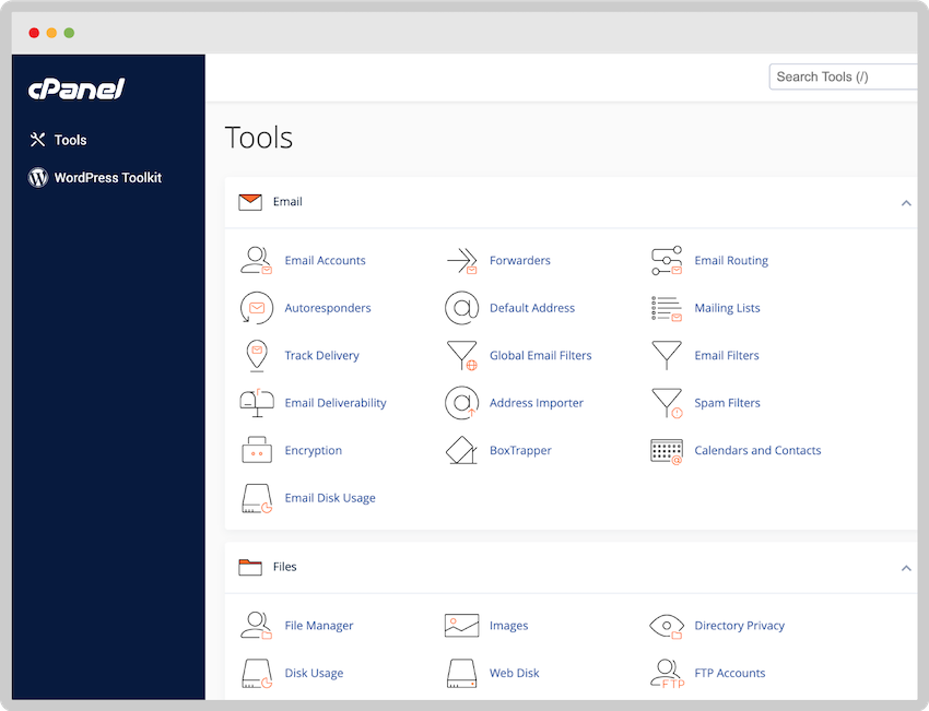 The cPanel tools interface showing options for email, file management, FTP accounts, and directory privacy for VPS hosting users.