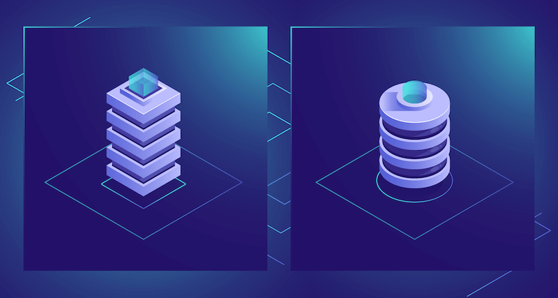 An isometric concept of a squared racks  reprensenting bare metal versus a rounded virtual hosting stack