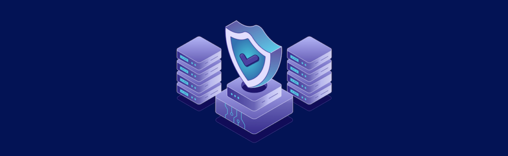 Illustration of a shield with a checkmark on a server, flanked by server stacks, symbolizing network security.