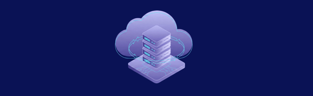 Illustration of a server stack connected to a cloud, symbolizing cloud computing, on a dark blue background.
