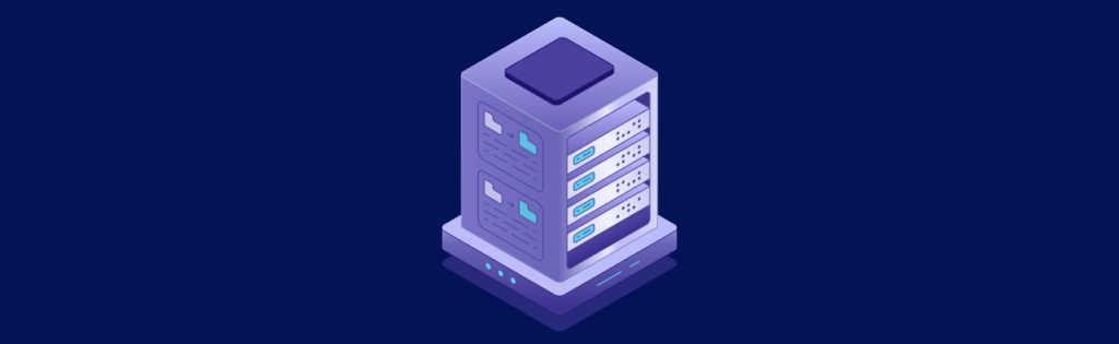 Isometric illustration of a server tower with multiple racks, set against a dark blue background.