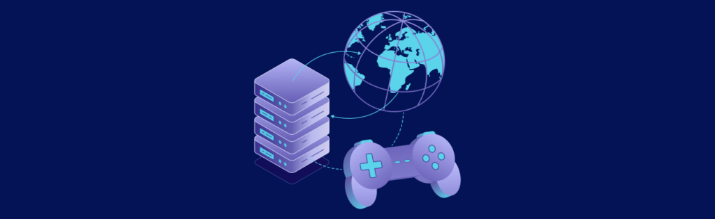 A server stack, globe, and game controller connected by dotted lines, symbolizing global online gaming or cloud gaming services.