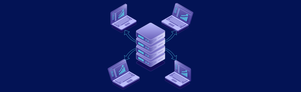 A central server connects to four laptops with data transfer arrows, illustrating a network or data sharing concept.