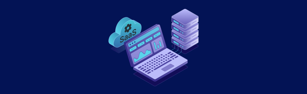 Illustration of a laptop displaying graphs, connected to a cloud labeled "SaaS" and a stack of servers.