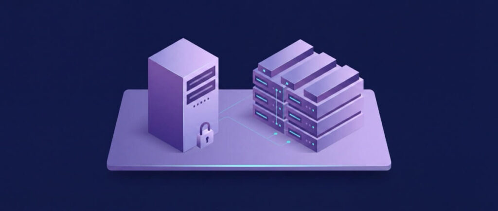 3D illustration of a server and multiple network devices connected on a platform, with a padlock symbolizing security.