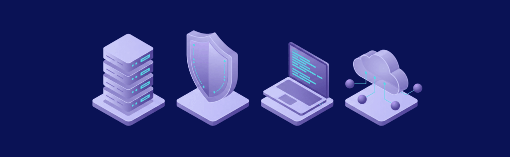 Illustration of a server stack, shield, laptop with code, and cloud network on a dark blue background.