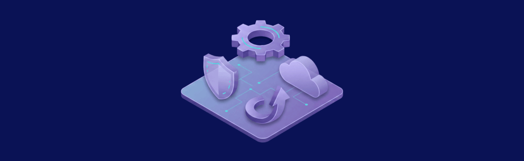 3D illustration of a shield, gear, cloud, and arrow on a platform, symbolizing technology and security concepts.