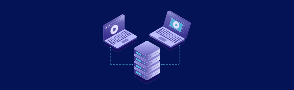 Two laptops with play buttons connected to a central server stack, indicating data or media sharing, on a dark background.