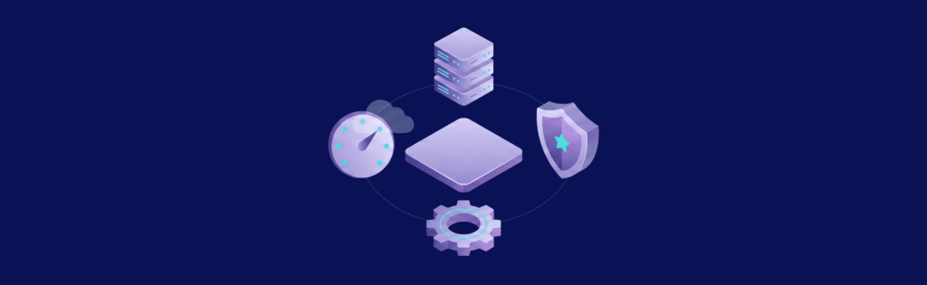 Abstract illustration featuring a server stack, shield, speedometer, gear, and square platform connected in a circular arrangement.