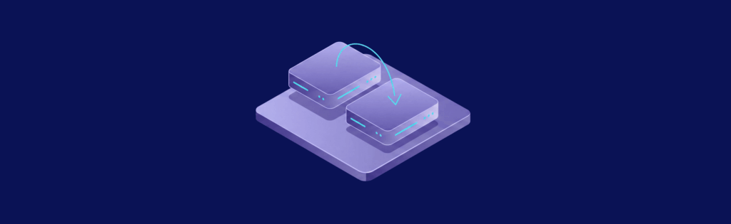 Two stylized server units on a platform with arrows indicating data transfer between them, set against a dark background.
