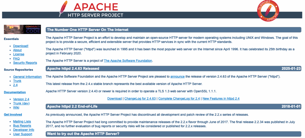 Apache HTTP Server Project webpage detailing version 2.4.63 release, end-of-life for 2.2, and essential links. Includes dates and announcements.
