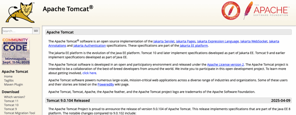 Apache Tomcat webpage detailing software information, release notes, and links. Includes Apache Tomcat logo and navigation menu.