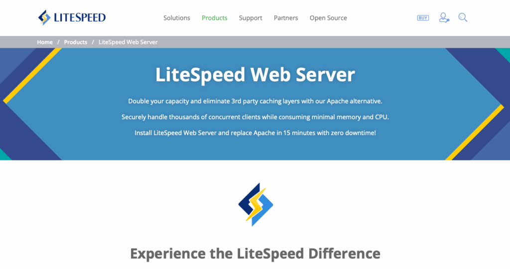 Header for LiteSpeed Web Server with promotional text about capacity, efficiency, and installation benefits. Navigation menu includes Solutions, Products, Support.