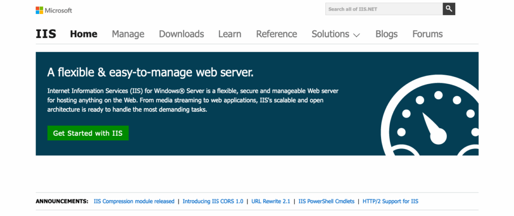Microsoft IIS webpage with navigation menu, search bar, and promotional text: "A flexible & easy-to-manage web server." Button: "Get Started with IIS."