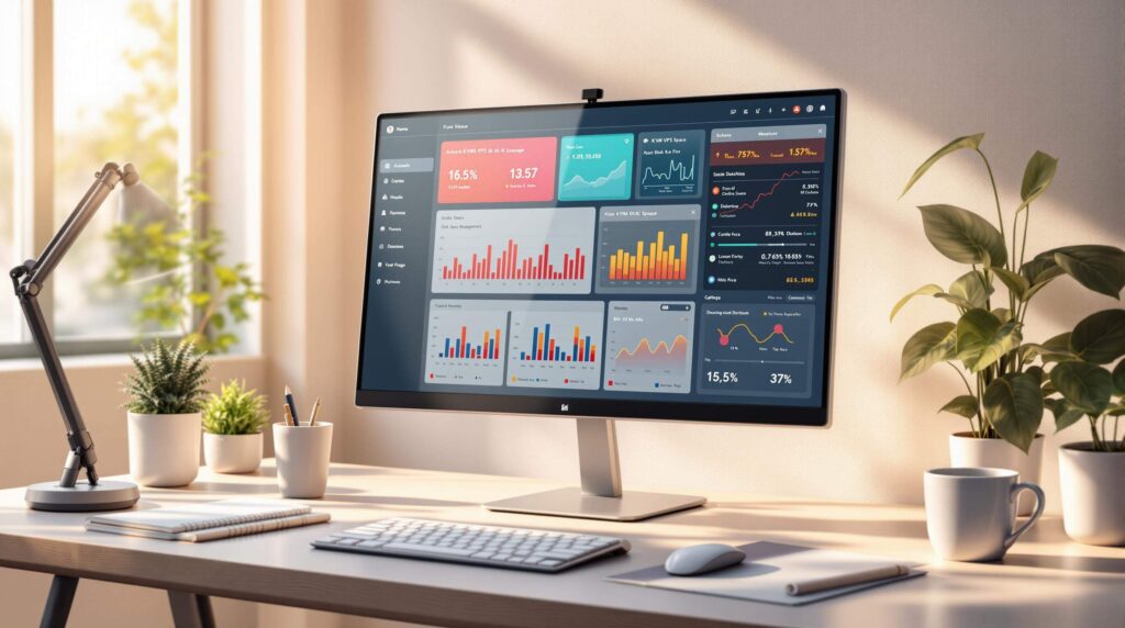 A computer monitor displays various data dashboards in a sunlit office with plants, a lamp, and a keyboard.