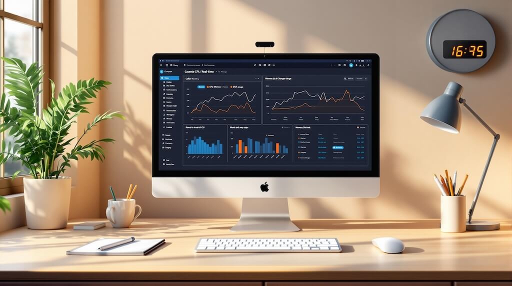 A computer displays analytics graphs on a desk with a plant, lamp, and clock showing 16:75 in a sunlit room.