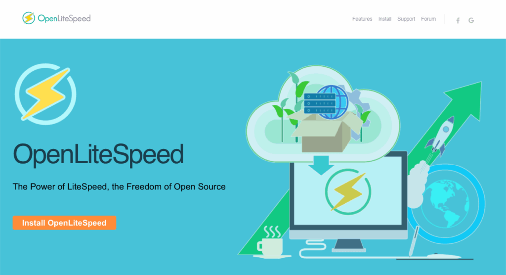 OpenLiteSpeed logo, cloud server graphic, and computer screen with arrow. Text: "OpenLiteSpeed. The Power of LiteSpeed, the Freedom of Open Source. Install OpenLiteSpeed."