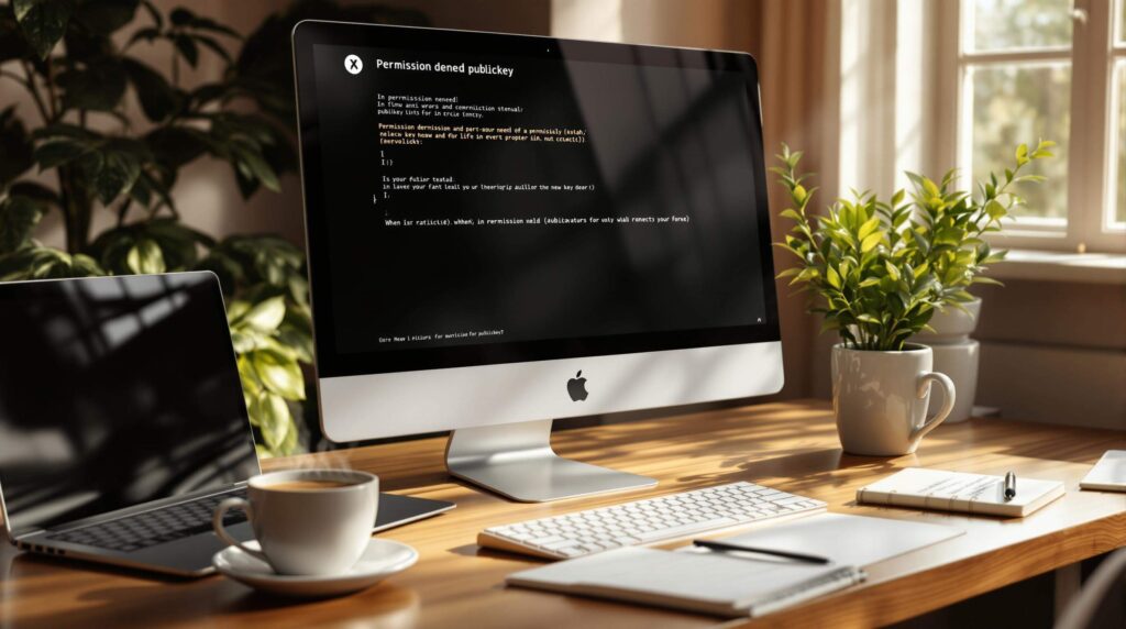 Computer screen displaying "Permission denied publickey" error message on a desk with a laptop, coffee cup, and plants.