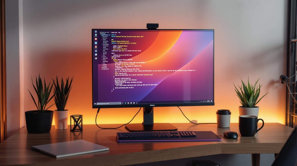 A computer monitor displays code on a desk with a keyboard, mouse, plants, and coffee cups, illuminated by orange lighting.