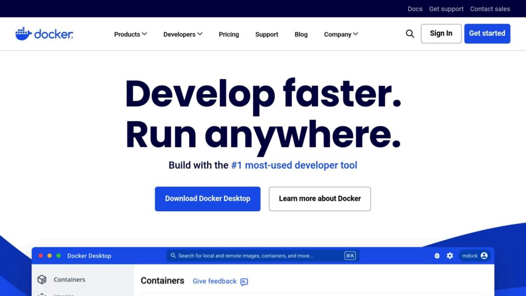 Docker website homepage with text: "Develop faster. Run anywhere." Buttons for downloading Docker Desktop and learning more. Navigation and search bar visible.