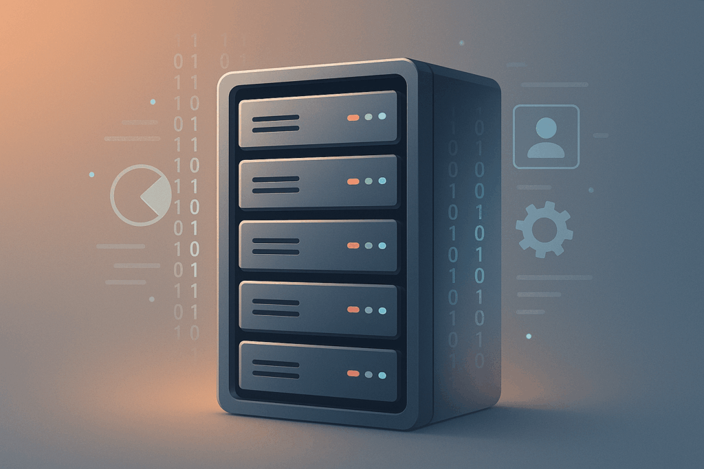 A server rack with five units, surrounded by binary code and icons of a user and a gear.