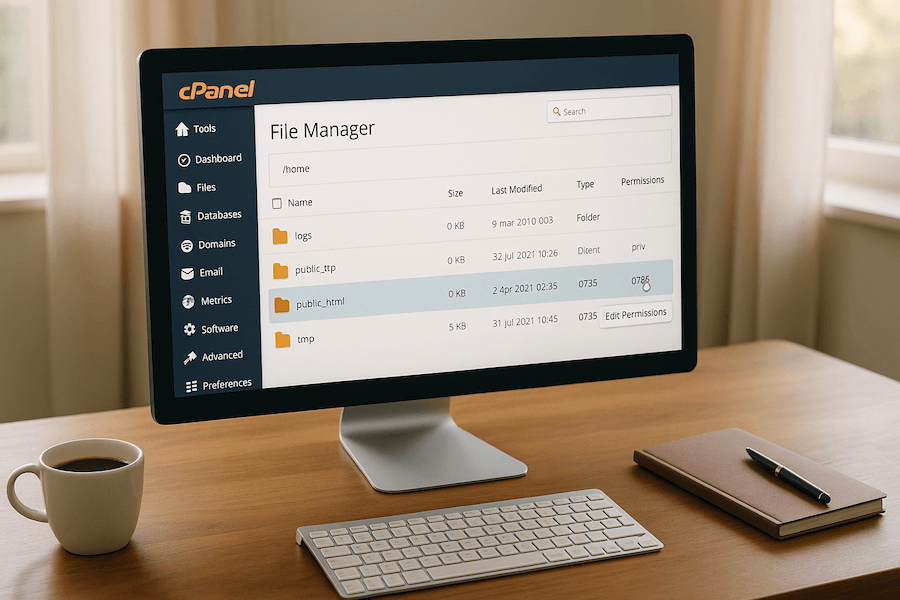 Computer screen displaying cPanel File Manager interface, showing directory details. Desk includes a keyboard, notebook, pen, and coffee cup.
