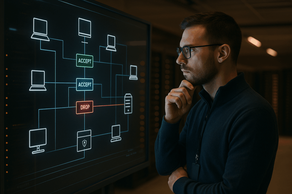 A person examines a digital network diagram on a screen, showing connections with "ACCEPT" and "DROP" labels in a server room.