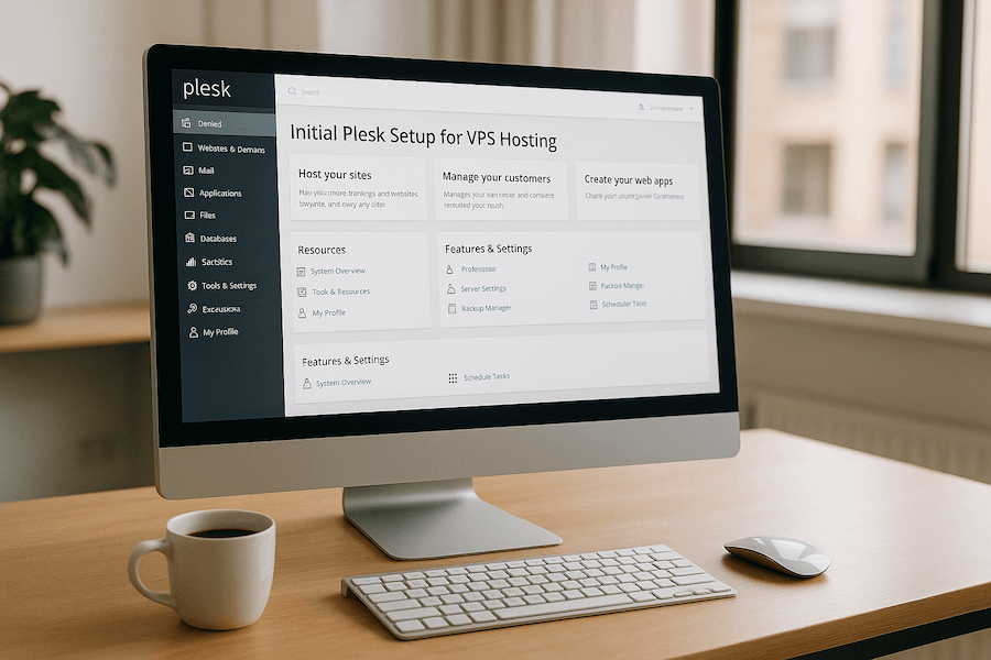 Computer screen displaying "Initial Plesk Setup for VPS Hosting" interface, on a desk with a keyboard, mouse, and coffee cup.