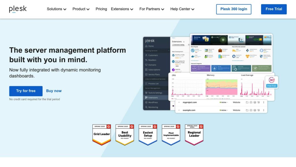 Plesk server management platform advertisement with dashboard images, text: "The server management platform built with you in mind." Awards displayed below.