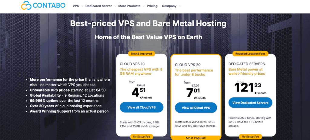 Contabo website promoting VPS and Bare Metal Hosting with pricing details, features, and a focus on performance and global availability.