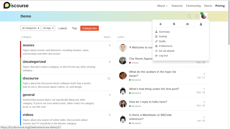 Discourse forum interface showing categories like movies, uncategorized, discourse, general, and videos. User menu options include Summary, Activity, Drafts.