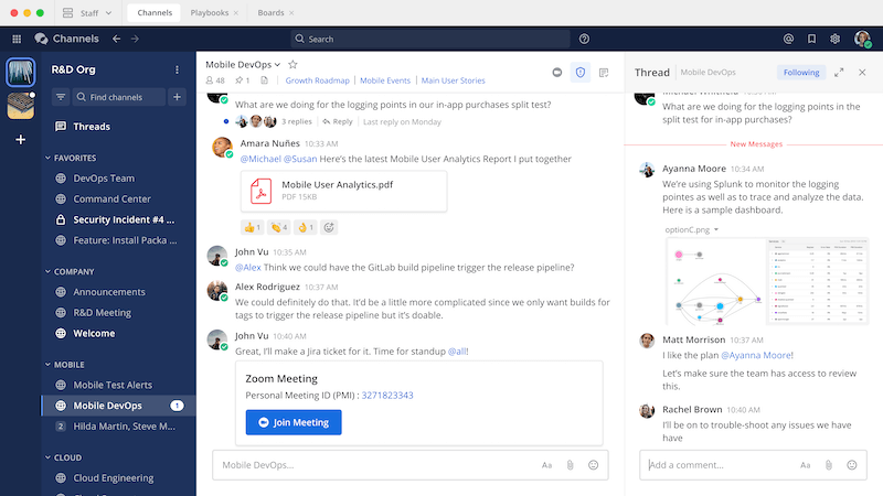 A chat interface shows a conversation about a Mobile User Analytics report, GitLab pipeline, and a Zoom meeting link.