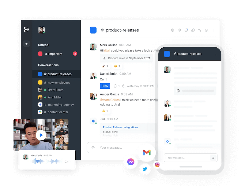 A digital communication interface shows a chat conversation about product releases, with video call and audio message features visible.