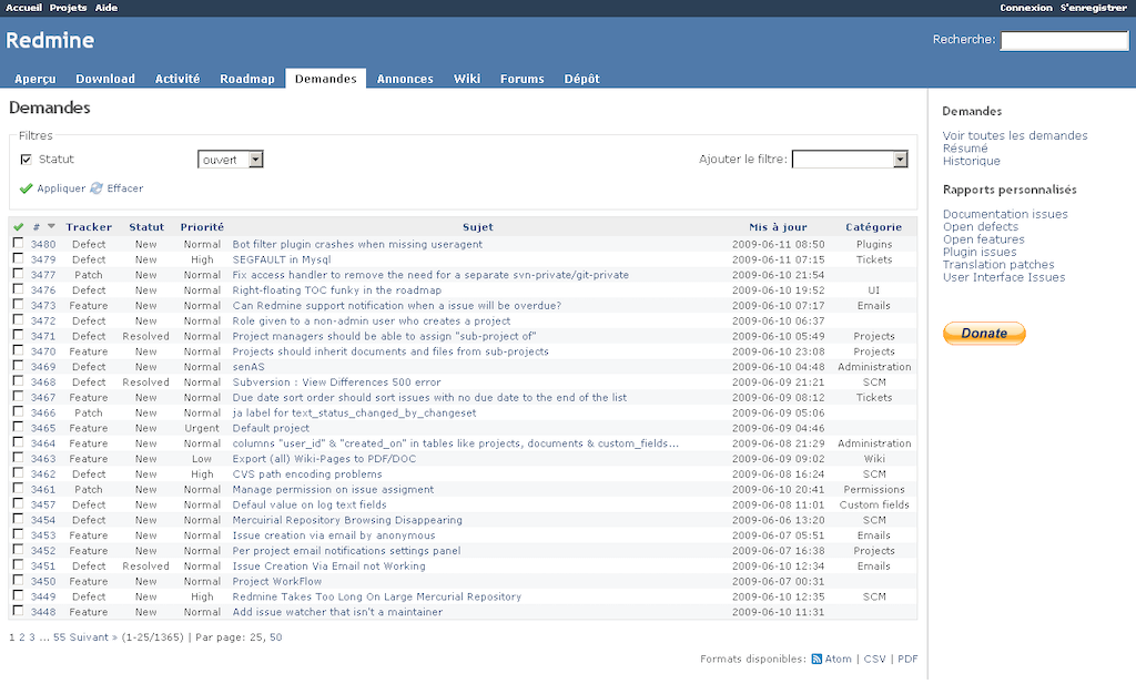 Redmine interface displaying a list of issues with details like tracker, status, priority, subject, update date, and category.
