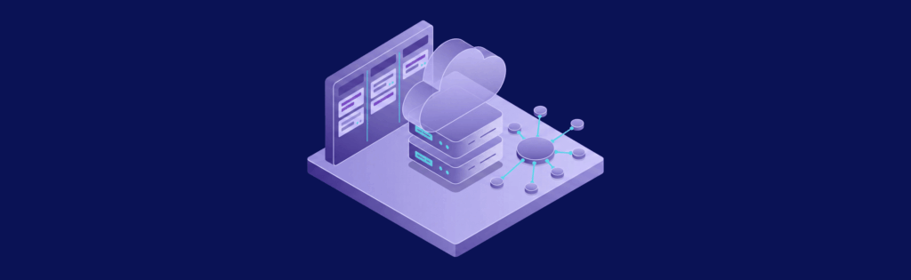 Isometric illustration of cloud computing infrastructure with servers, data connections, and network nodes on a dark blue background.