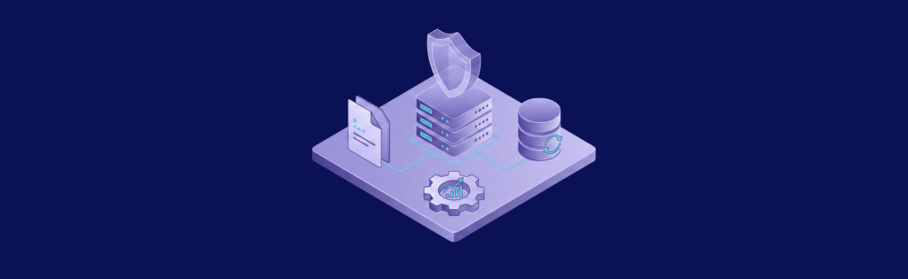 Isometric illustration of a digital security concept with shield, servers, document, gear, and database on a blue background.