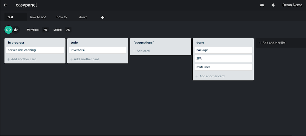 Kanban board interface with columns: "in progress," "todo," "suggestions," and "done." Cards include "server side caching," "investors?," "backups," "2FA," "mutl user."