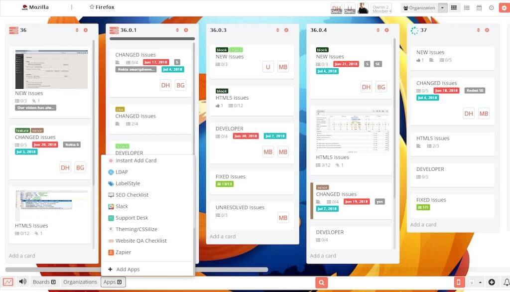 Kanban board interface displaying multiple columns with tasks labeled as "NEW Issues," "CHANGED Issues," and "HTML5 Issues." Various tags and dates are visible.